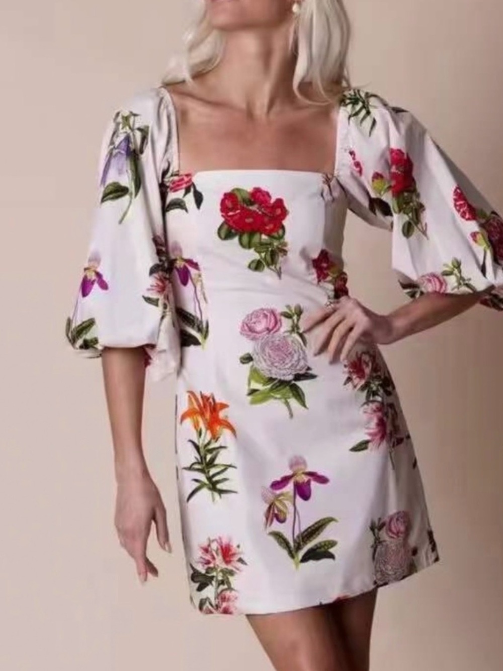 Cara Cara White Floral Square-Neck Mini Dress with Puff Elbow Sleeves